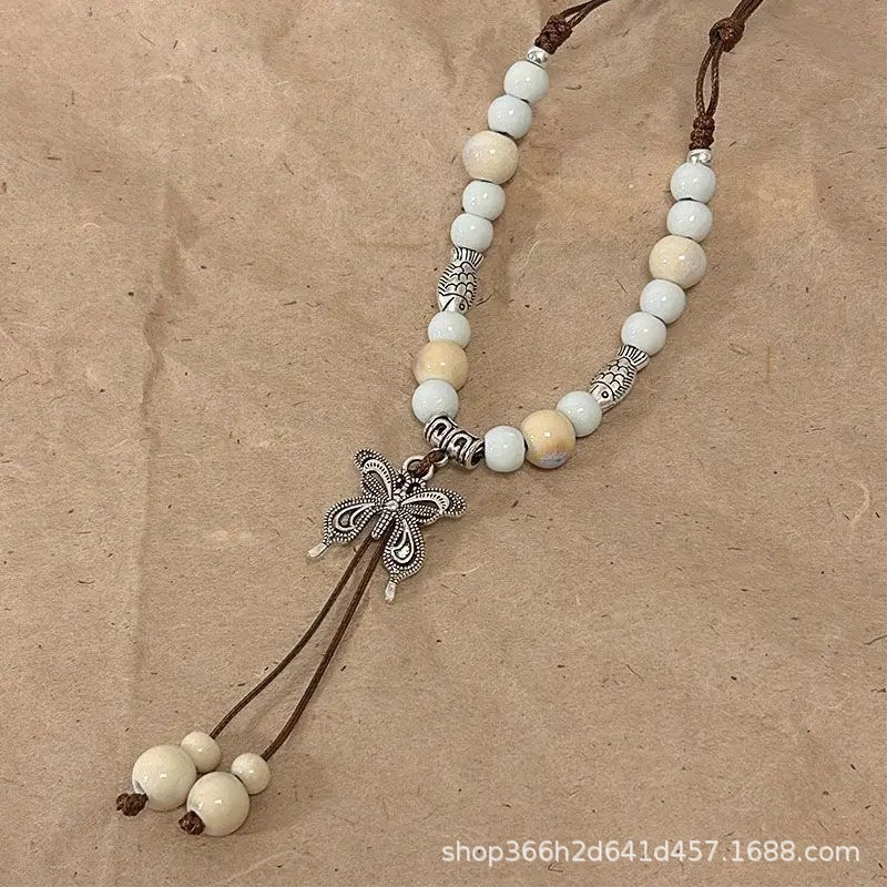 Wholesale New Chinese ethnic style retro ceramic butterfly beaded clavicle necklace